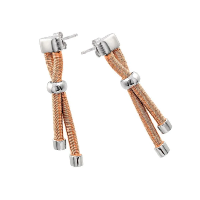 Silver 925 Rhodium and Rose Gold Plated Double Long Dangling Stud Earrings - ECE003RGP