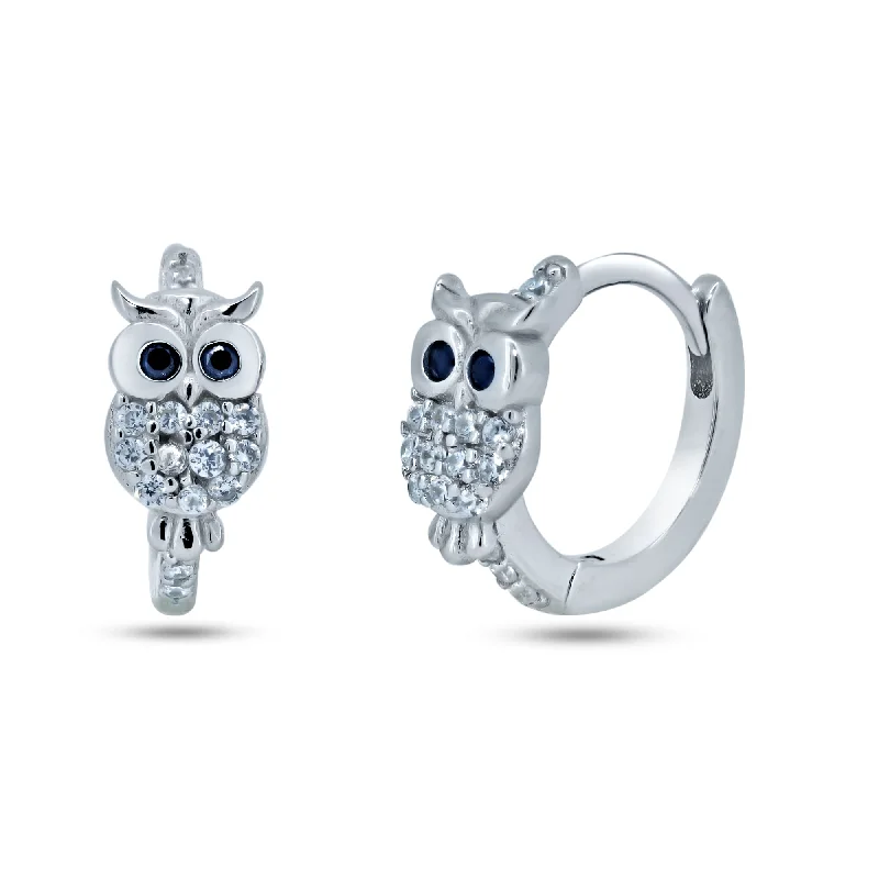 Sterling Silver Rhodium Plated Pave Huggie Owl Hoop Earrings - STE01366