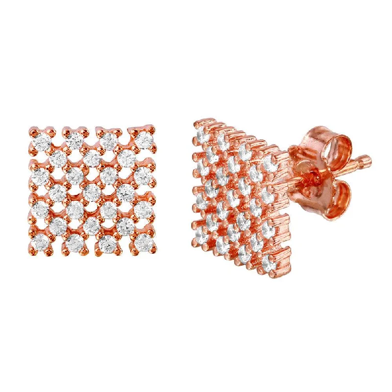 Silver 925 Rose Gold Plated Checkered CZ Stud Earrings - ACE00079RGP