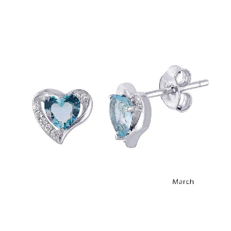 Rhodium Plated 925 Sterling Silver Heart with Birthstone Center Stud Earrings March - STE01028-MAR