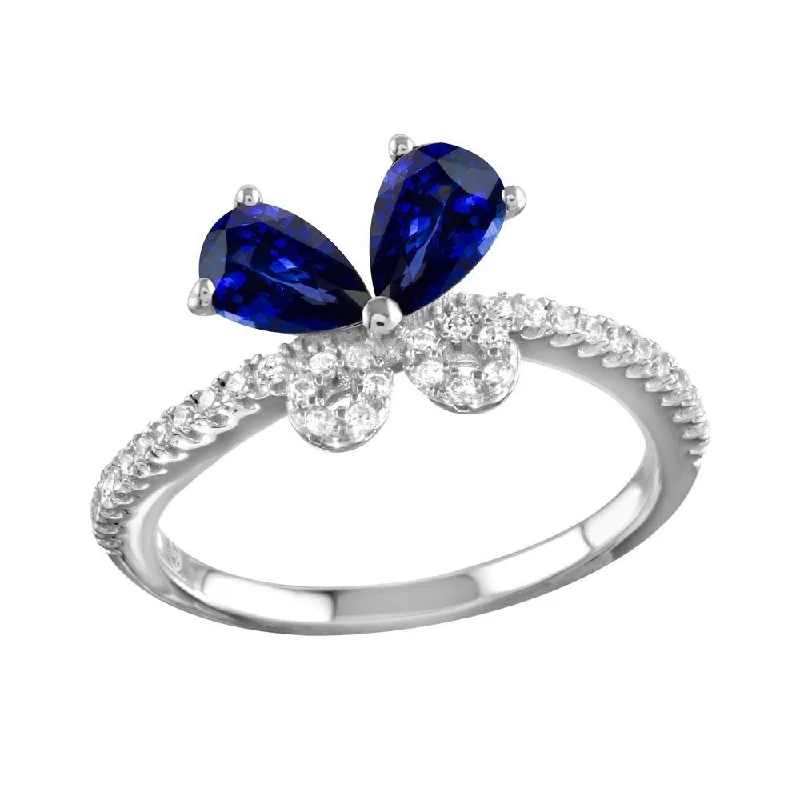 Rhodium Plated 925 Sterling Silver Blue Butterfly CZ Ring - BGR01164BLU