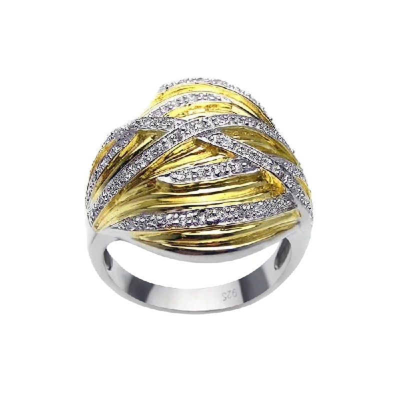 Clearance-Silver 925 Rhodium and Gold Plated CZ Overlapping Ring - BGR00180