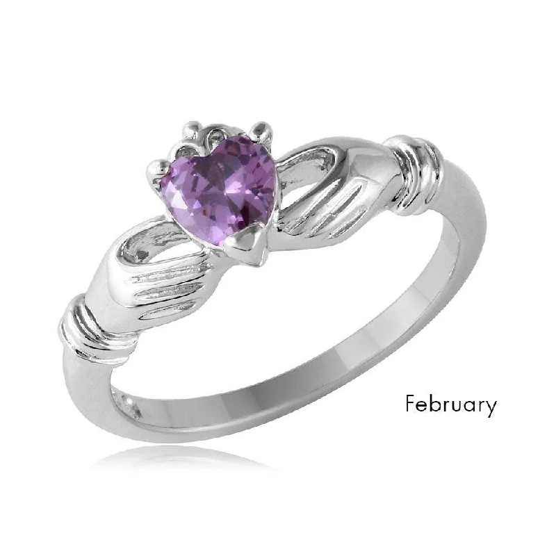 February Sterling Silver 925 Rhodium Plated CZ Center Birthstone Claddagh Ring - BGR01083FEB