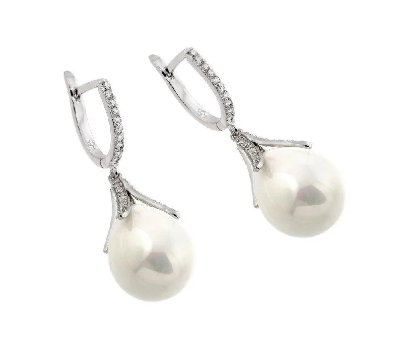 Silver 925 Rhodium Plated Channel CZ Synthetic Pearl Lever Back Earrings - BGE00261