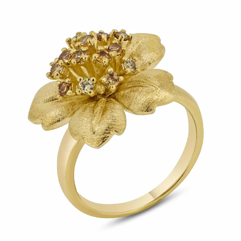 Clearance-Silver 925 Gold Plated Clear CZ Flower Ring - BGR00161