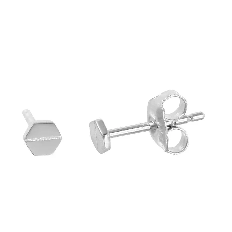 Silver 925 Rhodium Plated Flat Hexagon Shaped Stud Earrings - GME00017RH