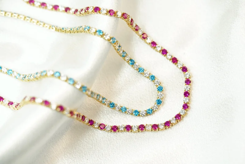 14k Crystals Blue or Pink Necklace