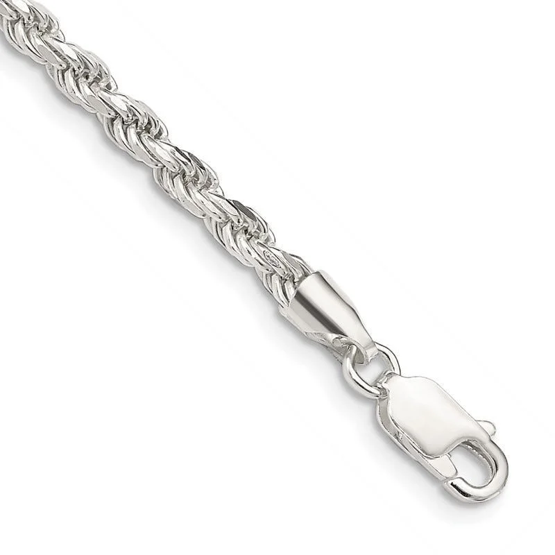 Sterling Silver 3mm Diamond-cut Rope Chain Bracelet