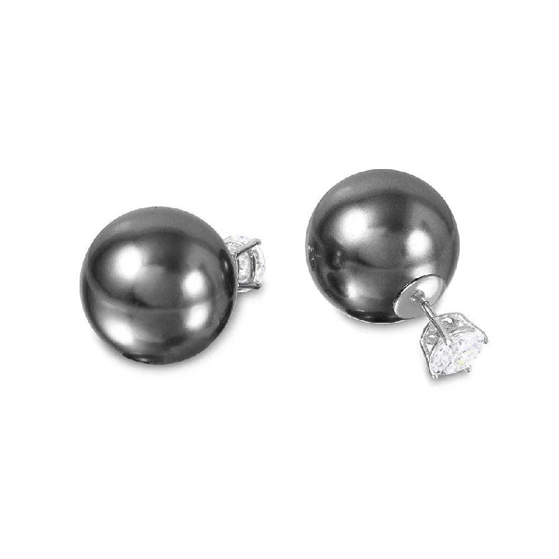 Silver 925 Rhodium Plated CZ Grey Synthetic Pearls Front and Back Earring - STE00994GRY