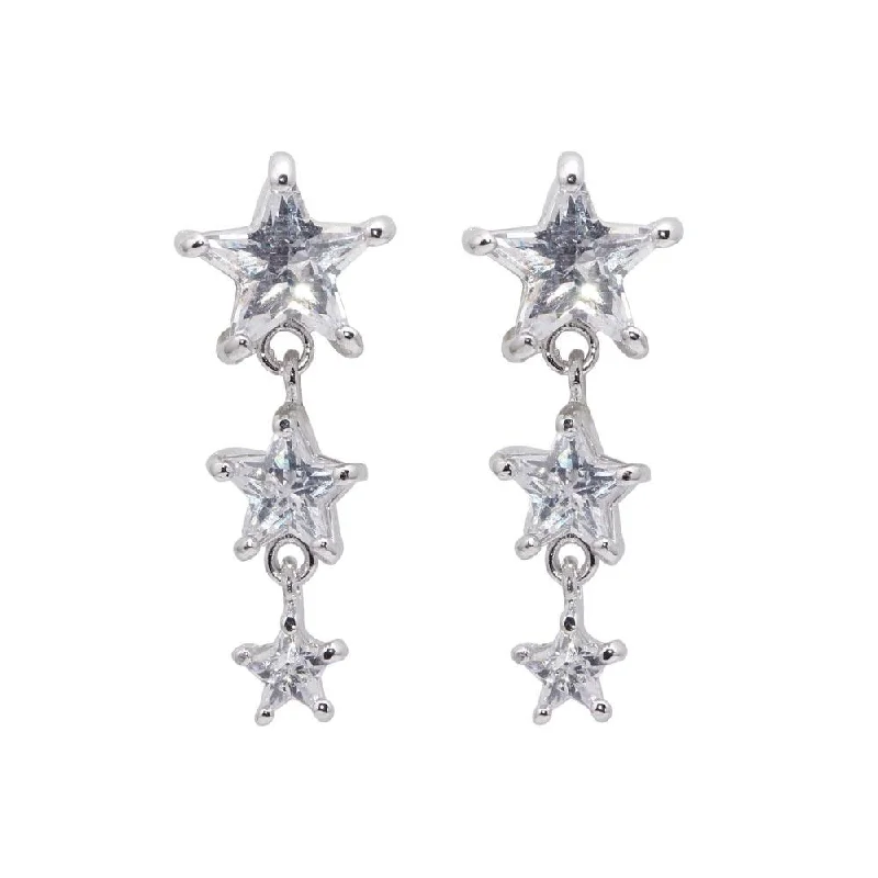 Silver 925 Rhodium Plated Graduated Multiple Stars CZ Dangling Stud Earrings - BGE00070