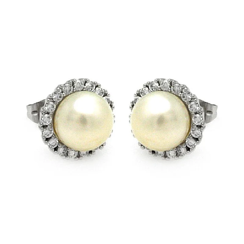 Silver 925 Rhodium Plated Round CZ Center Fresh Water Pearl Stud Earrings - BGE00253