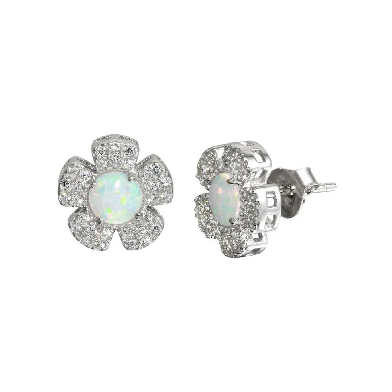 Rhodium Plated 925 Sterling Silver CZ and Synthetic Flower Stud Earrings - BGE00587