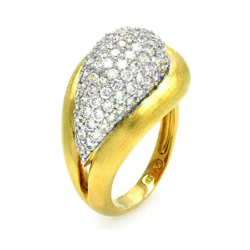 Clearance-Silver 925 Rhodium and Gold Plated 2 Toned Matte Finish Clear Pave Set CZ Teardrop Ring - BGR00285