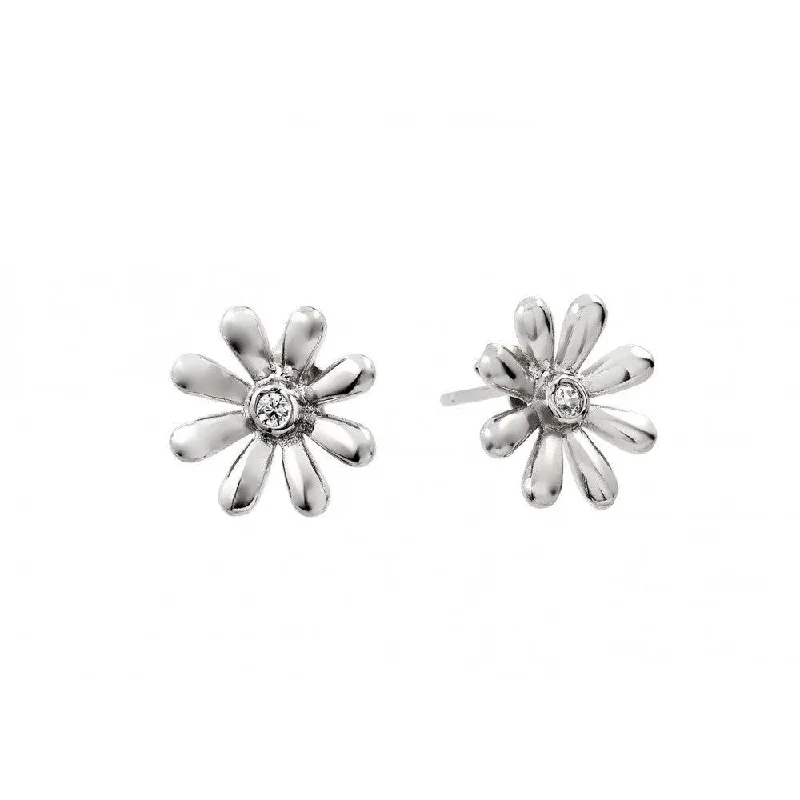 Silver 925 Rhodium Plated Flower CZ Stud Earrings - BGE00396