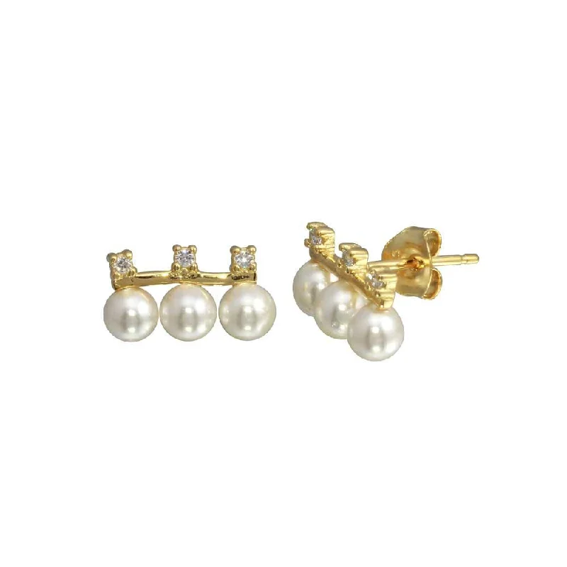 Gold Plated 925 Sterling Silver CZ Dangling 3 Faux Pearls Earring - BGE00657