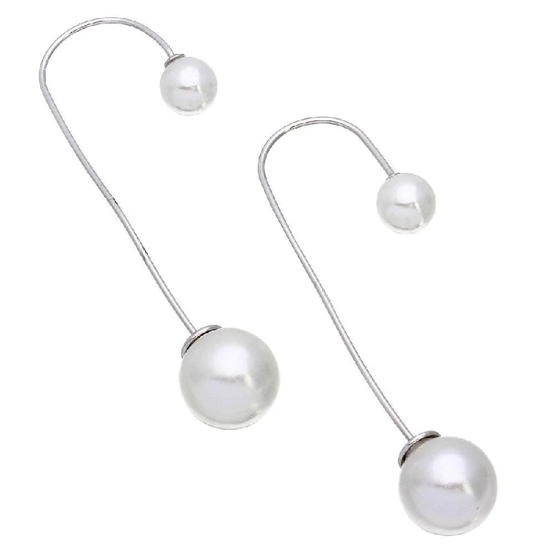 Rhodium Plated 925 Sterling Silver Hanging Synthetic Pearl Beaded Hook Earrings - STE01080