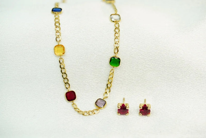 14k Color Stones Necklace & Earring