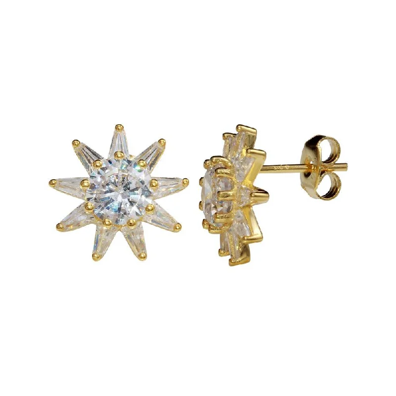 Gold Plated 925 Sterling Silver CZ Sun Stud Earrings - STE01149GP