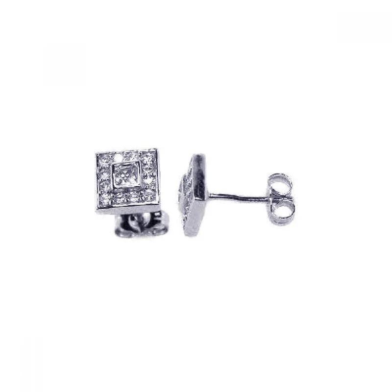 Silver 925 Rhodium Plated Micro Pave Clear Square CZ Stud Post Earrings - ACE00018