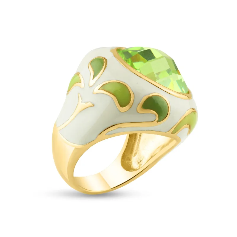 Clearance-Silver 925 Gold Plated Green White Enamel Yellow CZ Ring - STR00623