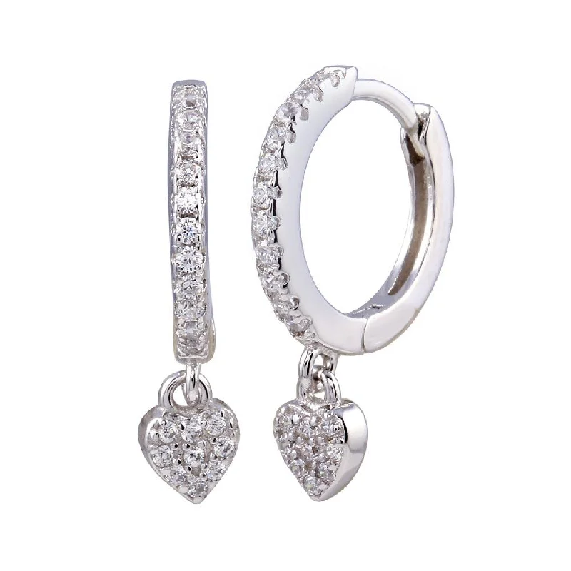 Rhodium Plated 925 Sterling Silver Dangling CZ Heart huggie hoop Earring - STE01244