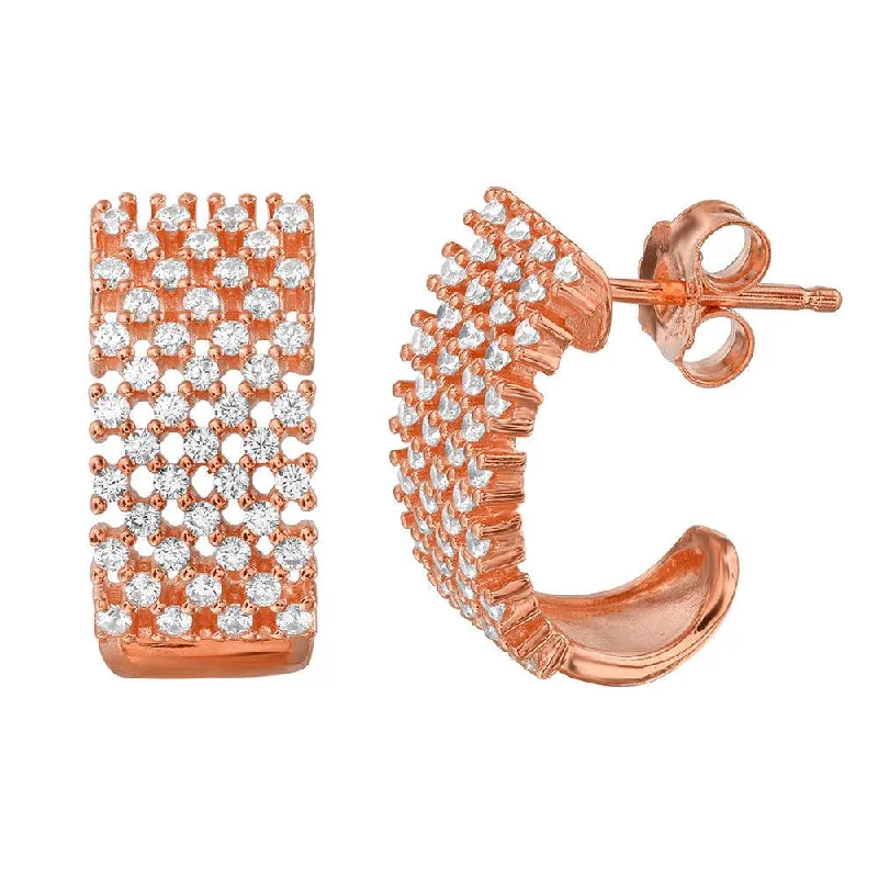 Silver 925 Rose Gold Plated Thick Checkered CZ Semi-huggie hoop Earrings - ACE00083RGP