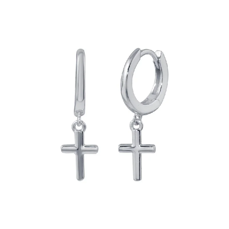 Rhodium Plated 925 Sterling Silver huggie hoop Cross Earring - STE01300RH