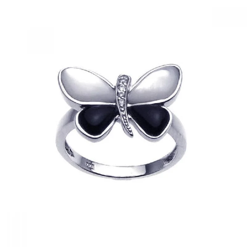 Clearance-Silver 925 Rhodium Plated Mother of Pearl Black Onyx CZ Butterfly Ring - BGR00201