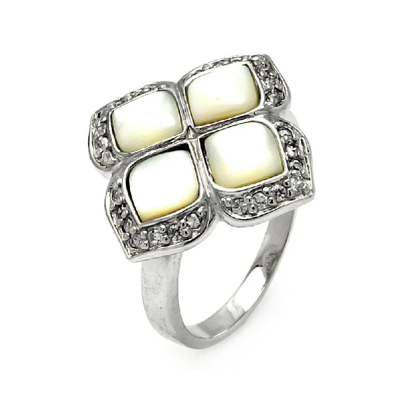 Clearance-Silver 925 Rhodium Plated CZ Pearl Flower Ring - STR00192