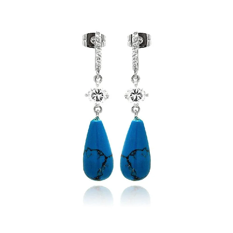 Silver 925 Rhodium Plated Micro Pave CZ Teardrop Turquoise Dangling Stud Earrings - BGE00258