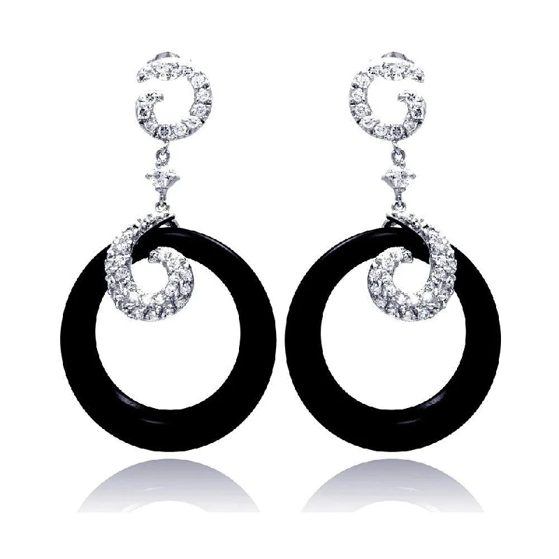 Clearance-Silver 925 Rhodium Plated Coil J hook CZ Black Round Onyx Dangling Stud Earrings - STE00530