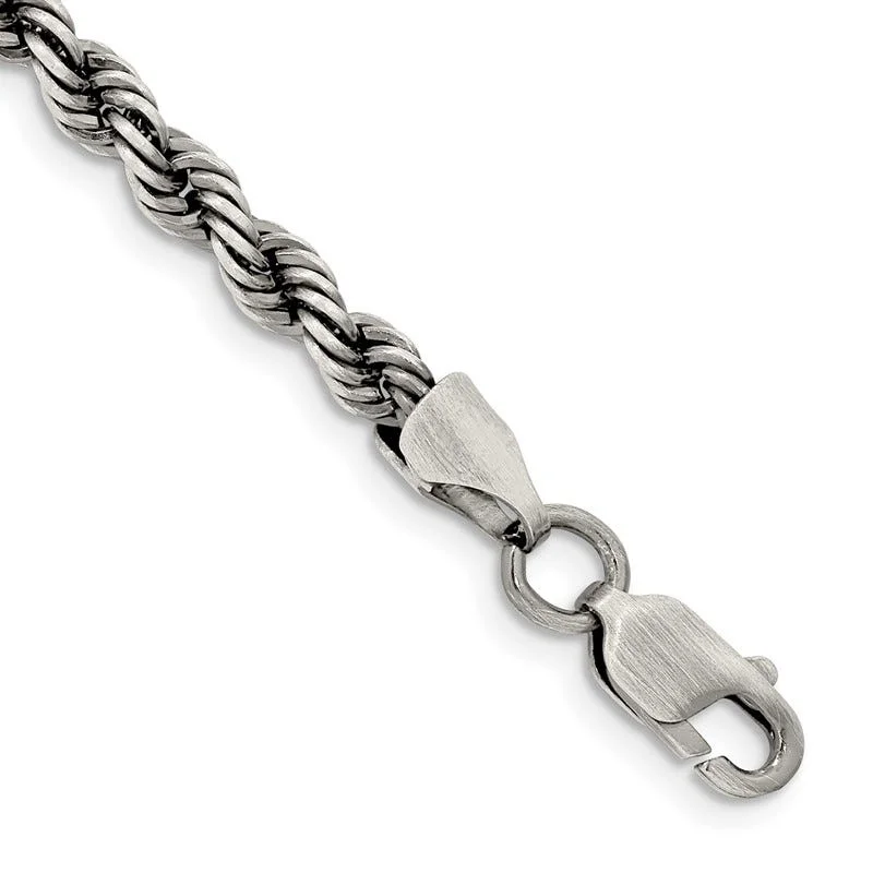 Sterling Silver Ruthenium-plated 4mm Rope Chain Bracelet