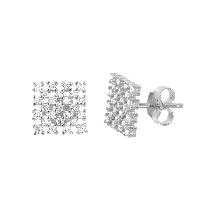 Silver 925 Rhodium Plated Checkered CZ Stud Earrings - ACE00079RH