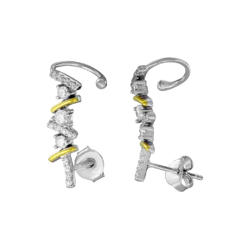 Two-Tone 925 Sterling Silver Rhodium and Gold Plated CZ Climbing Earrings - BGE00550