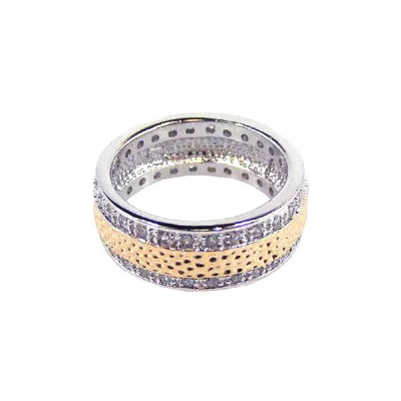 Clearance-Silver 925 Two Tone Rhodium and Gold Plated Channel Set Clear CZ Hammered Eternity Ring - BGR00073