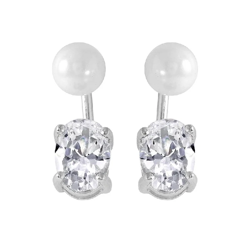 Silver 925 Rhodium Plated Synthetic Pearl Oval CZ Earrings - STE00991