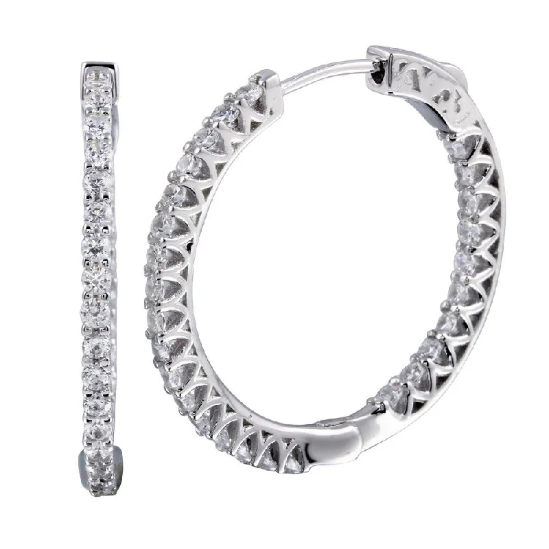 Rhodium Plated 925 Sterling Silver Inside Out CZ Hoop Vault Lock Earring 30mm - STE01243