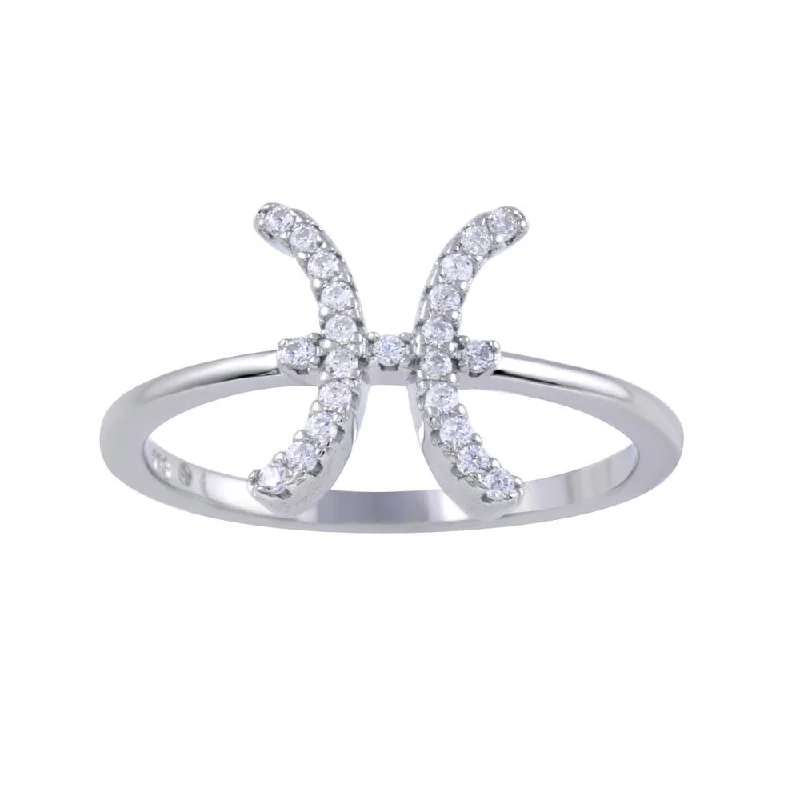 Rhodium Plated 925 Sterling Silver Pisces CZ Zodiac Sign Ring - BGR01320