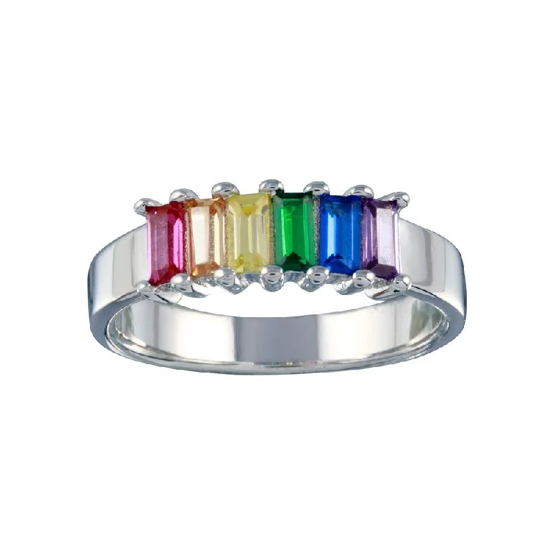 Rhodium Plated 925 Sterling Silver Multicolor Baguette CZ Ring - BGR01313