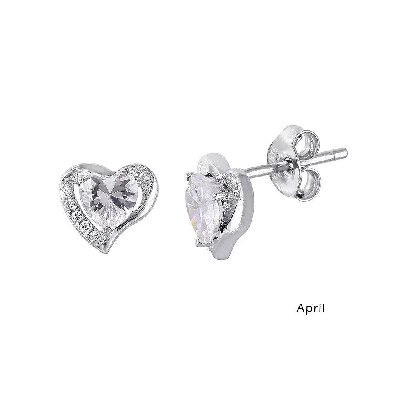 Rhodium Plated 925 Sterling Silver Heart with Birthstone Center Stud Earrings April - STE01028-APR