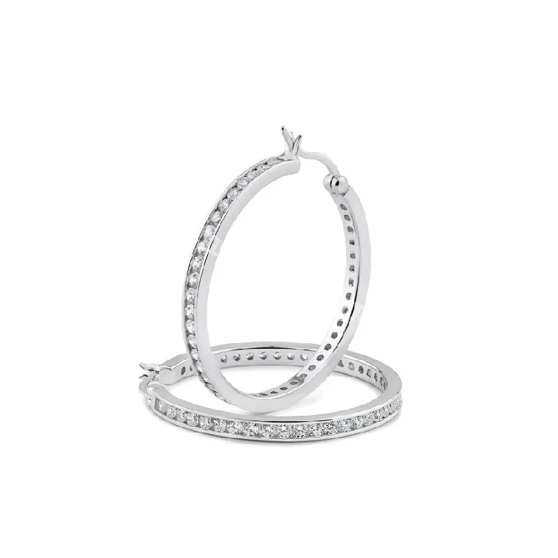 Rhodium Plated 925 Sterling Silver 2.8mm Round Clear CZ Hoop Earrings - AAE00002