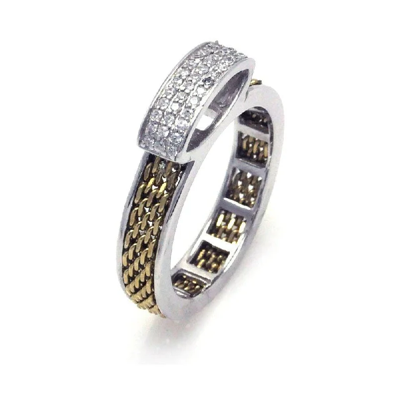 Clearance-Silver 925 Rhodium and Gold Plated 2 Toned Pave Set Clear CZ Chain Ring - BGR00246