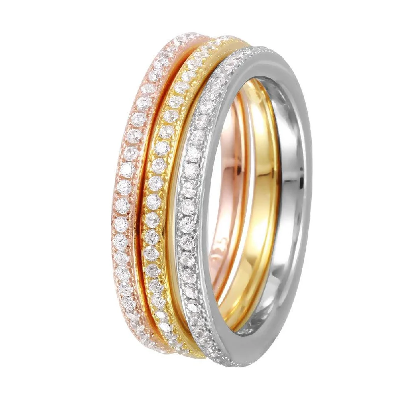 Silver 925 Rhodium Plated Tri-Color Stackable CZ Inlay Ring - GMR00060TRI