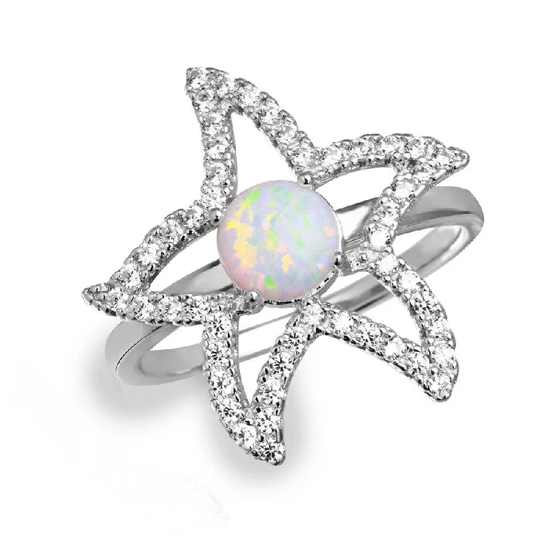 Silver 925 Rhodium Plated Open Starfish Ring with Synthetic Opal and CZ - BGR01048