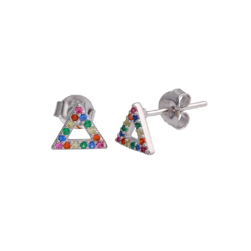 Rhodium Plated 925 Sterling Silver Open Triangle Stud Earrings with Multi-Colored CZ - BGE00611