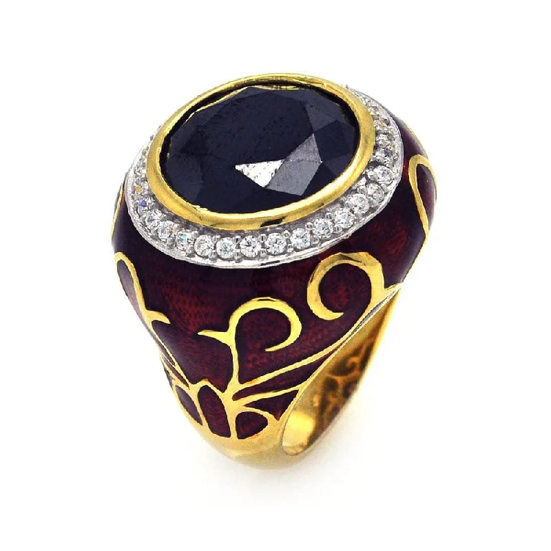 Clearance-Silver 925 Rhodium and Gold Plated Red Enamel Black Center and Clear Cluster CZ Victorian Ring - STR00677