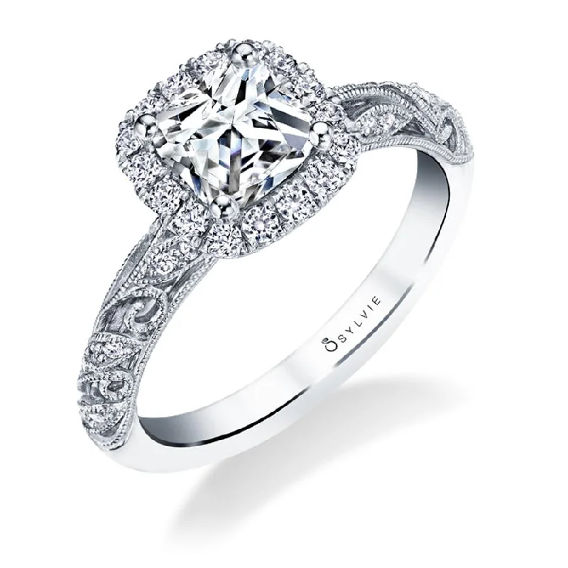 Sylvie Collection 14K White Gold Cushion Halo Engagement Ring Setting .37tw