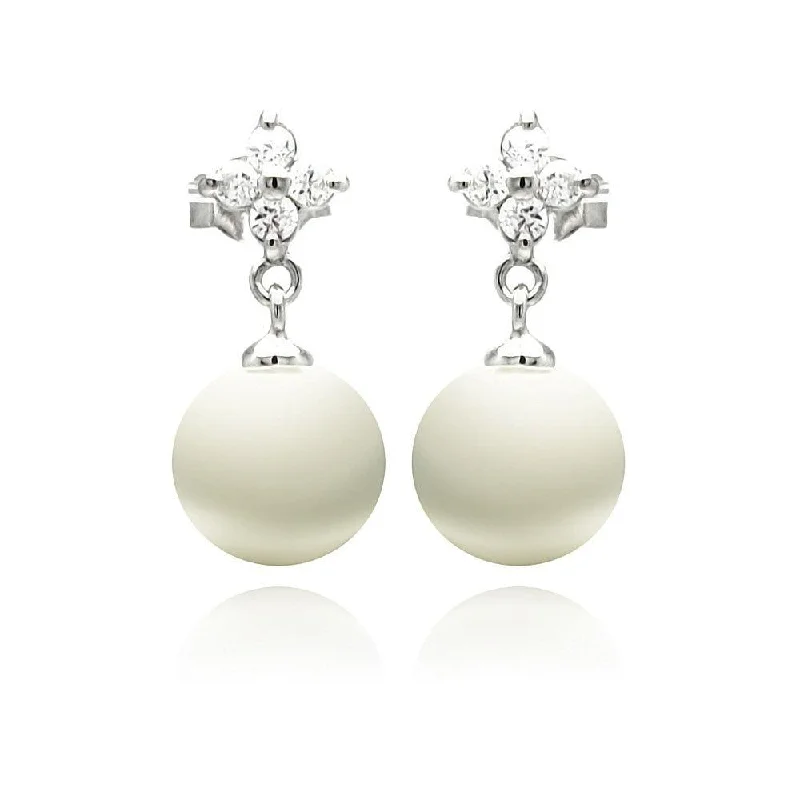 Silver 925 Rhodium Plated Clear CZ Enamel Pearl Dangling Stud Earrings - STE00896