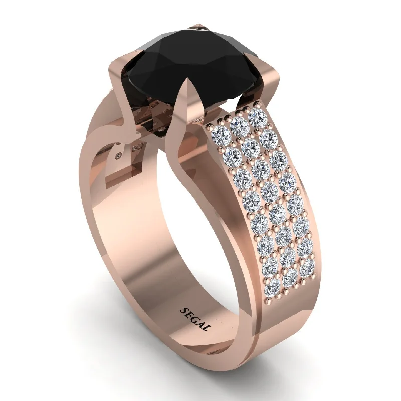 Round Cut Black Diamond 14K Gold Pave Engagement Ring - Saylor No. 8