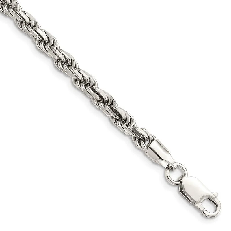 Sterling Silver Rhodium-plated 4.75mm Diamond-cut Rope Chain Bracelet